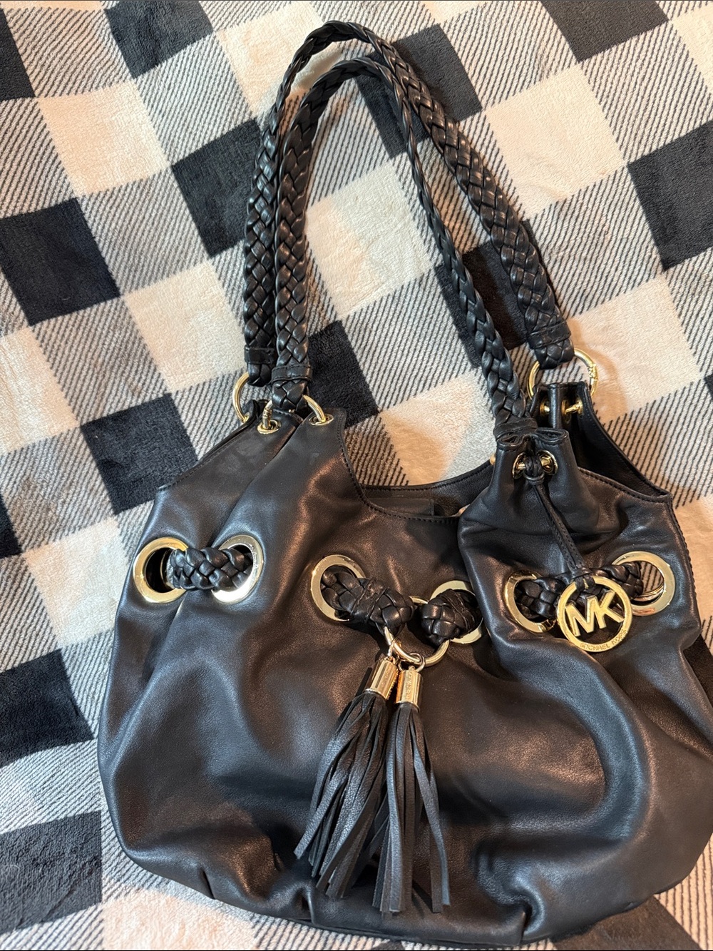 Michael Kors Black Leather Shoulder Tote with Braided Straps and Tassels